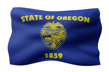 Beyaz arka planda Oregon ABD bayrağının detaylı ve desenli 3D çizimi.