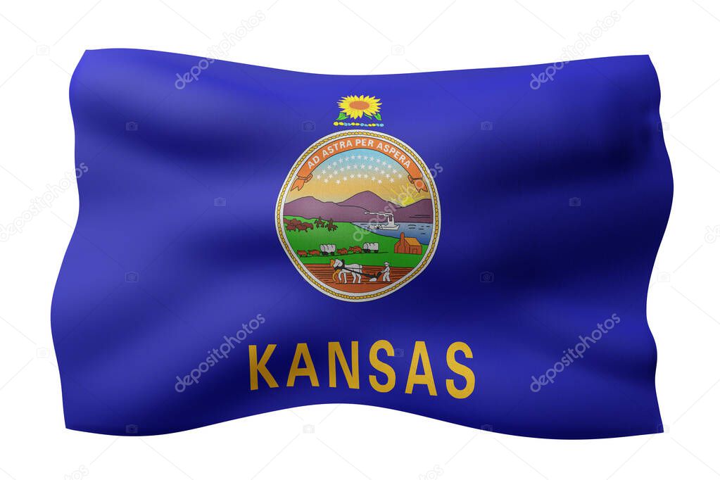 3d rendering of a detailed and textured Kansas USA State flag on white background.
