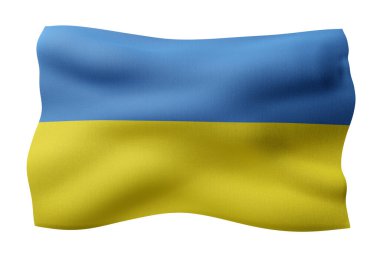 Beyaz arkaplanda ipekli bir Ukrayna bayrağının 3D canlandırması