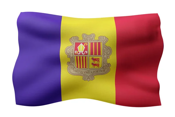 Återgivning Detalj Silkeslen Andorra Flagga Vit Bakgrund — Stockfoto