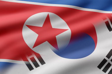 Kuzey Kore ve Güney Kore bayraklarının 3 boyutlu yorumlanması. Diplomatik çatışma kavramı