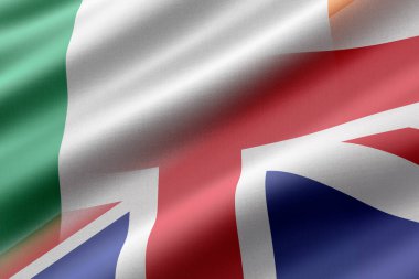 İrlanda ve Birleşik Krallık bayraklarının 3D yorumlanması. Diplomatik işbirliği kavramları.