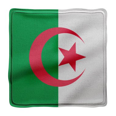 Beyaz arka planda izole edilmiş dokulu ulusal Cezayir bayrağının 3D görüntülenmesi.