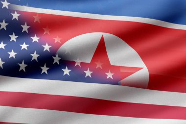 Kuzey Kore ve Amerika Birleşik Devletleri bayraklarının 3D yorumlanması. Diplomatik çatışma kavramları.