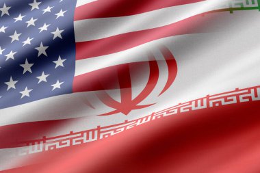 İran ve Amerika Birleşik Devletleri bayraklarının 3 boyutlu yorumlanması. Diplomatik çatışma kavramları.
