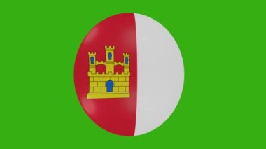 Bir Castilla La Mancha İspanyol Topluluğu bayrağının krom arkaplan üzerinde dönen 3D görüntülemesi