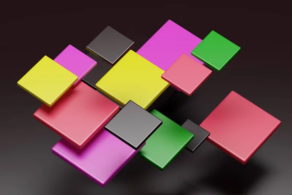 Renderização Alguns Cubos Quadrados Multicoloridos Fundo Preto — Fotografia de Stock