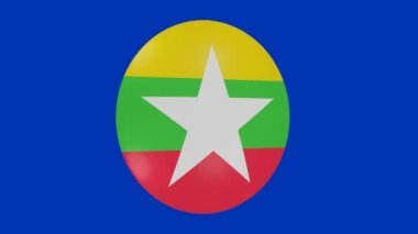 Bir Myanmar bayrak simgesinin krom arkaplan üzerinde dönen 3D görüntülemesi