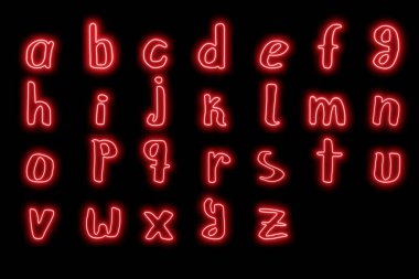 Siyah arkaplanda kırmızı neon alfabesinin 3 boyutlu yorumlanması. Kırmızı ışık ve parıltı.