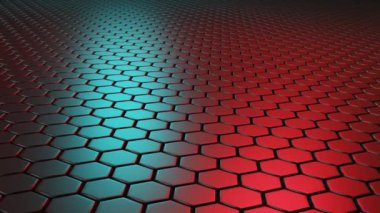 Siyah altıgenler ve mavi ve kırmızı ışıklar döngü hareketinde hareket ederken 3D soyut arkaplan görüntüleme. 