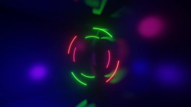 Döngülü animasyon. Parlak neon pembe ve yeşil renklerde soyut renkli çemberler. Geometrik şekiller Modern renkli duvar kağıtları. 3d oluşturma.