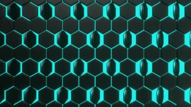 Siyah ve mavi altıgenlerin döngü hareketiyle soyut arkaplanın 3 boyutlu görüntülenmesi. Soyut arkaplan.