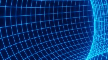 3D görüntüleme, soyut geometrik arkaplan, floresan mavi ışık, parlayan neon çizgiler dönüyor, etrafında dönüyor, modern renkli aydınlatma, 4k animasyon