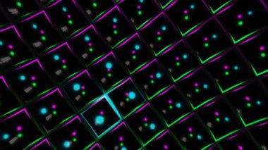 3D pervane animasyonu siyah kareler ve ışıldayan ışık noktaları hipnotik hareketler ve siyah arka planda noktalar. Işık ve hareket kavramı döngü hareketinde dijital olarak oluşturulan görüntü