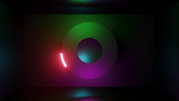 3Dレンダリングは 鮮やかな青 赤のスペクトル3Dループアニメーション蛍光紫外線光輝くネオン色と抽象的な背景を記録します ループ運動中の黒い円とネオンライトを持つ抽象的な背景 — ストック動画