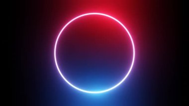Çemberli, kırmızı ve mavi ışıklarla çevrili neon soyut arka plan. Yavaş dön. Parlak disk. Soyut çekim videosu. Siyah arkaplan.