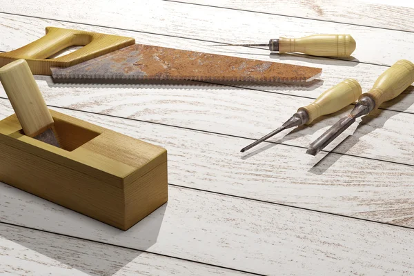 3d renderização de algumas ferramentas de carpintaria em uma mesa — Fotografia de Stock