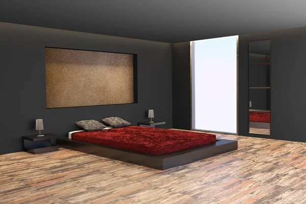 Rendering 3D di una camera da letto moderna e minimalista — Foto Stock