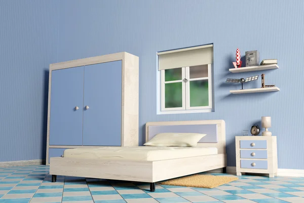 3d rendu d'une chambre bleue et d'une fenêtre — Photo