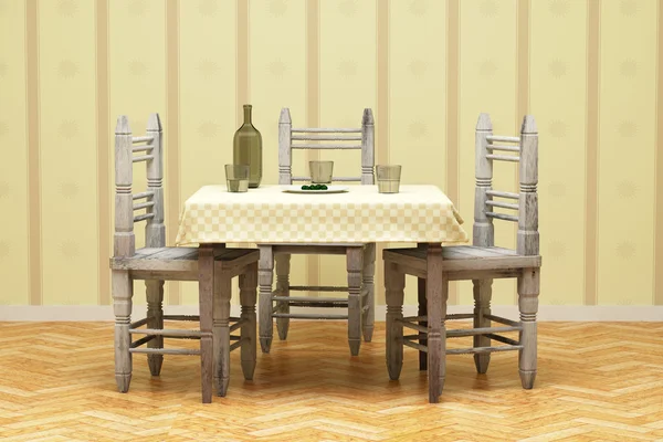 Rustik bir masa ve sandalyeler biraz su ve zeytin ile 3D render — Stok fotoğraf