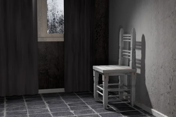 3D рендеринг старого стула в заброшенной комнате — стоковое фото