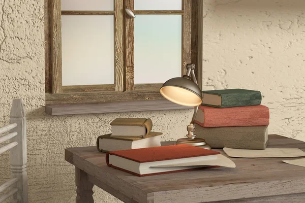 3. Rendering einiger alter Bücher und einer Lampe in einem schmutzigen Raum — Stockfoto