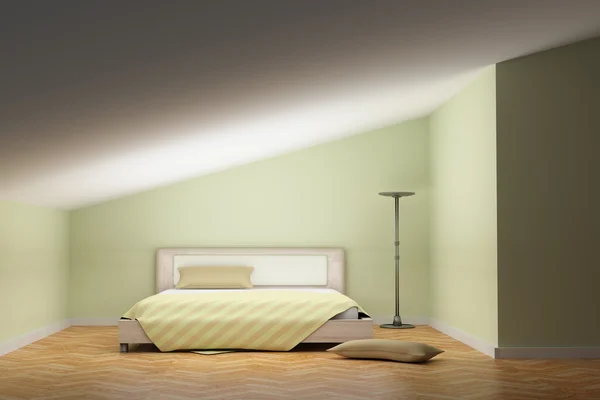 3D-weergave van een kamer met een bed en een lamp — Stockfoto