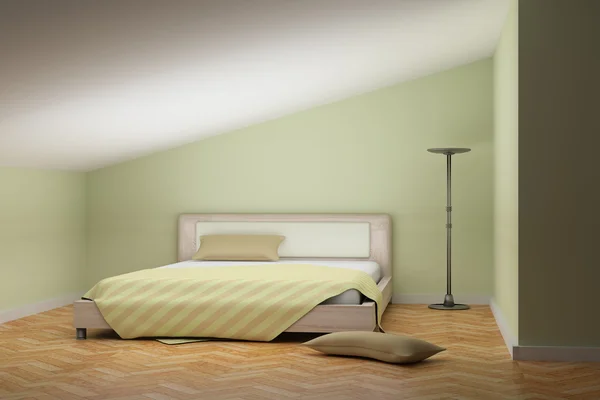 3D-Darstellung eines Zimmers mit Bett und Lampe — Stockfoto