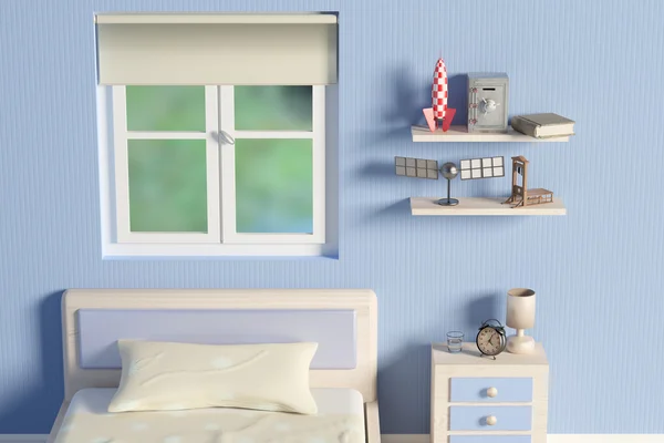 3d rendu d'une chambre bleue et d'une fenêtre — Photo