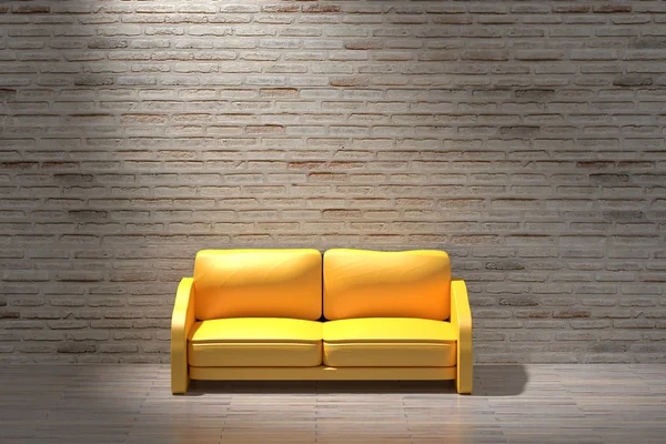 3D-Darstellung eines rustikalen Interieurs mit moderner orangefarbener Couch — Stockfoto