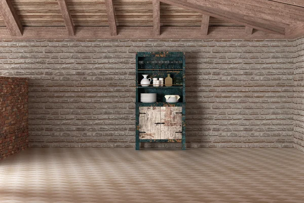 3d rendering of a sideboard in empty house against of brick wall — Stock Photo, Image