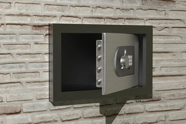 3D visszaadás-ból egy nyílt biztonsági doboz egy téglafal — Stock Fotó
