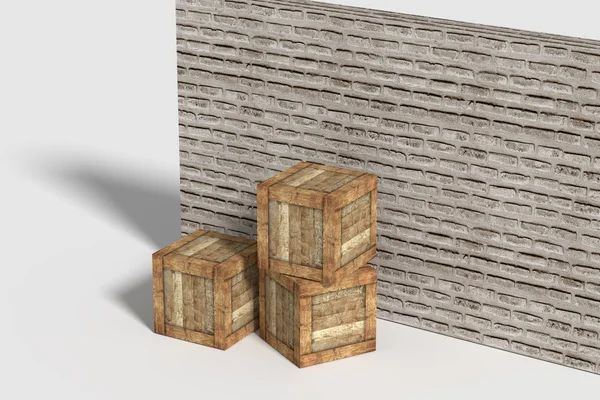 Три деревянные коробки возле кирпичной стены — стоковое фото