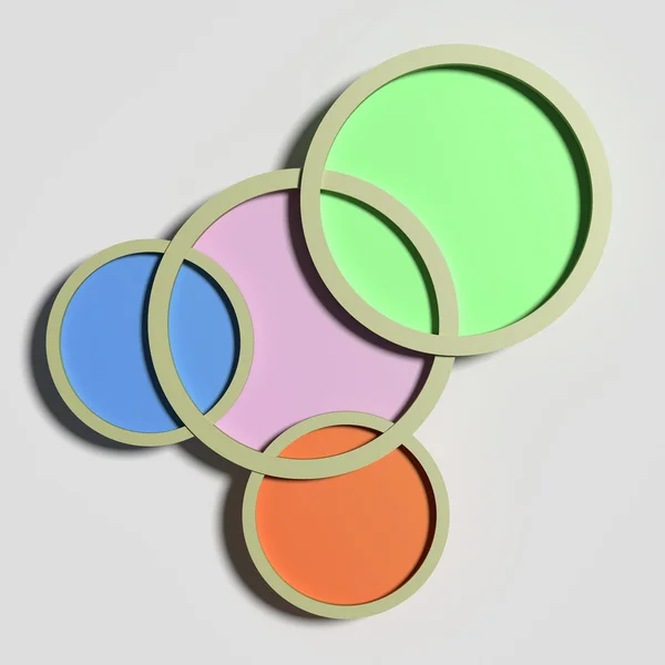 Renderização 3d de quatro círculos coloridos emoldurados em fundo cinza. Ilustração — Fotografia de Stock