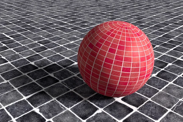 Sfera tridimensionale in ceramica rossa su pavimento in ceramica nera — Foto Stock