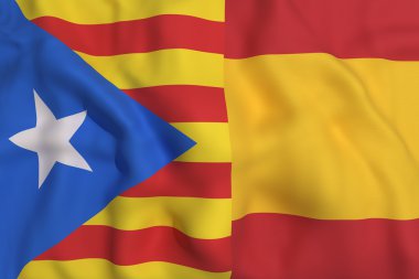 Katalonya ve İspanya 3D render bayrakları, sembol ayrılıkçı Katalonya girişiminin karışık