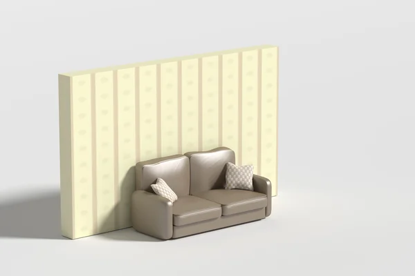 Trojrozměrný gauč s polštáři proti zdi — Stock fotografie