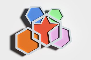 Yukarıdaki beş renkli üç boyutlu altıgenler