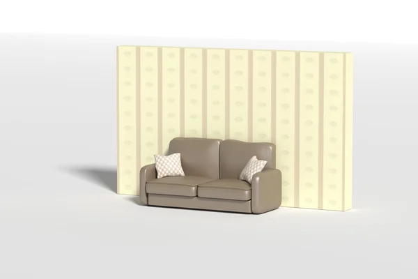 Trojrozměrný gauč s polštáři proti zdi — Stock fotografie