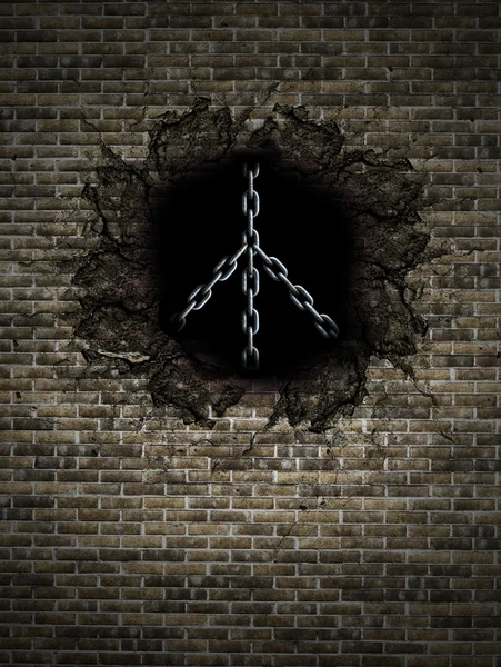 Peace sign made of metal chain in brick wall — Stock Photo, Image