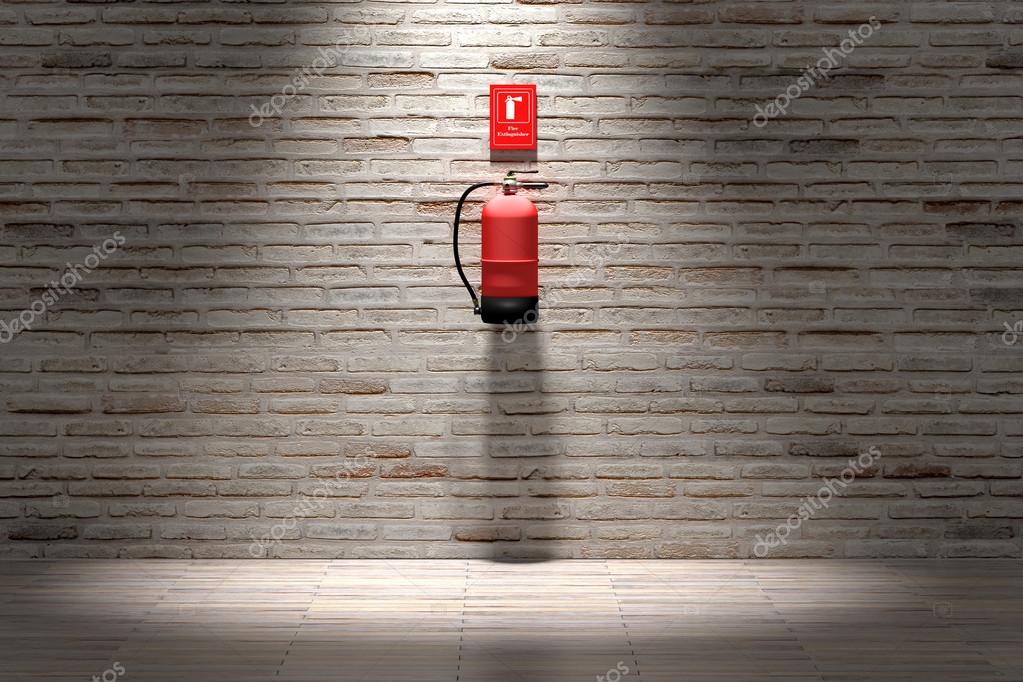 Fire extinguisher hanging on brick wall — Stock Photo © erllre 97937344