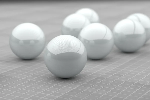 Varias bolas futuristas blancas en piso de cerámica — Foto de Stock