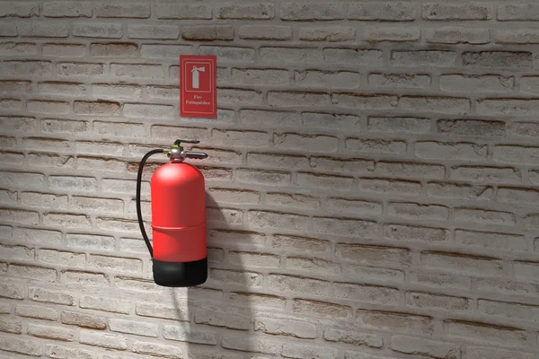Fire extinguisher hanging on brick wall — Stock Photo, Image