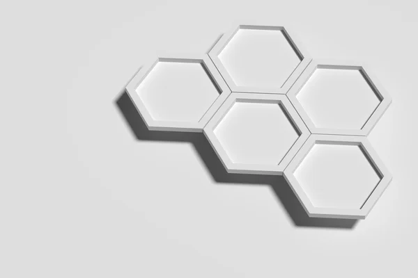 Fünf weiße dreidimensionale Sechsecke auf weißem Hintergrund — Stockfoto