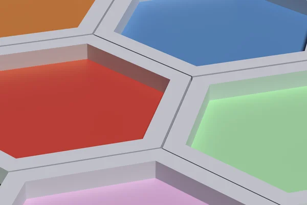 Fem färgglada tredimensionella hexagoner — Stockfoto