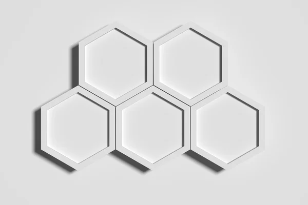 Fünf weiße dreidimensionale Sechsecke auf weißem Hintergrund — Stockfoto