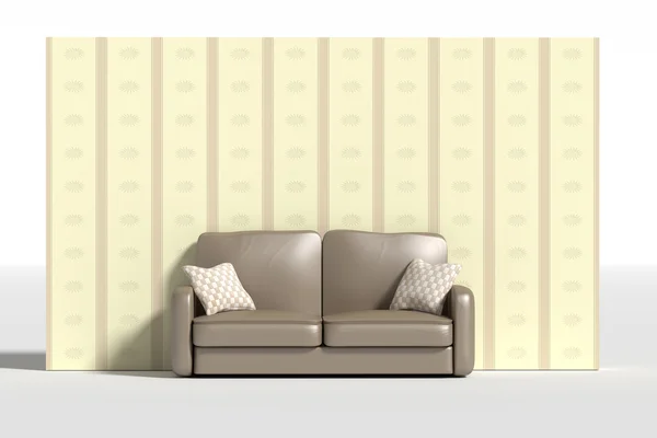 Sofá tridimensional com travesseiros contra de parede — Fotografia de Stock