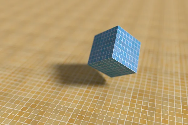 Primer plano del cubo azul sobre la superficie amarilla — Foto de Stock