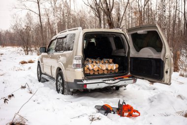Khabarovsk, Rusya - 7 Ocak 2021: Mitsubishi Pajero / Montero kış ormanlarında bagajda yakacak odunlarla.