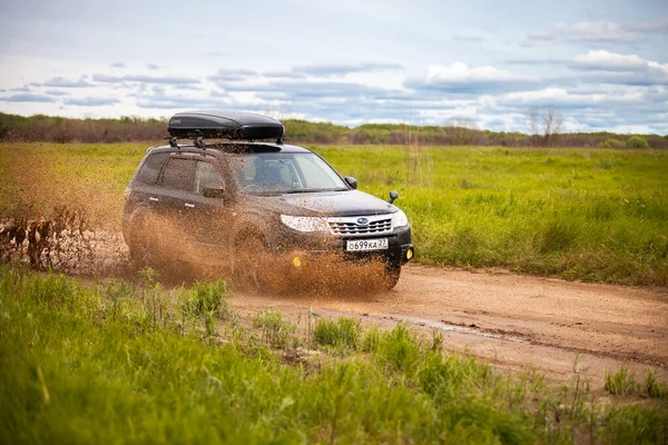 Nikolaevka Oroszország Június 2020 Fekete Subaru Forester Mozog Piszkos Erdei — Stock Fotó